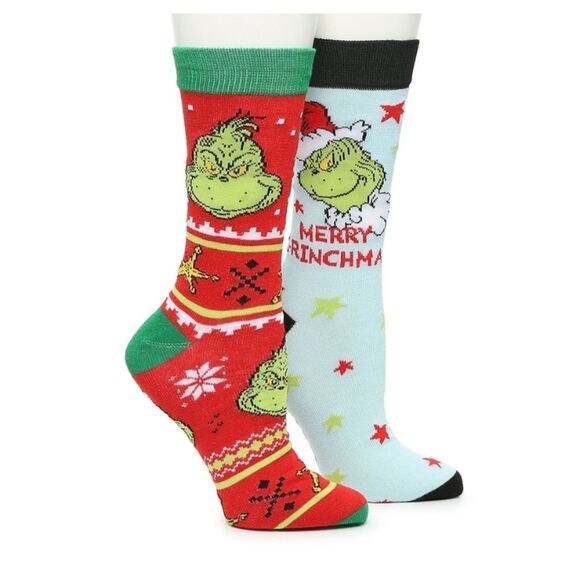 Bioworld Grinch Crew Socks 2 Pair Christmas Mens Sock Size 10-13 Shoes 8-12 New - Picture 1 of 12